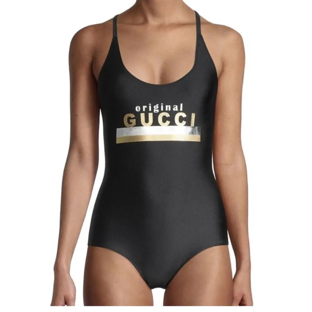 New Gucci logo black bodysuit swimsuit one piece swimsuit